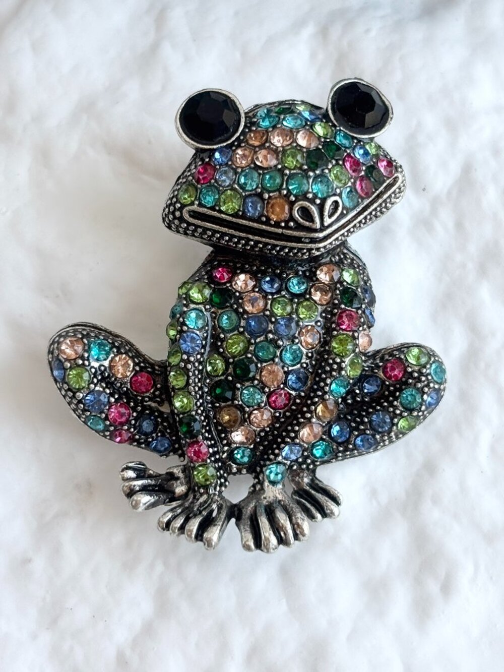 Frog Figural Rainbow Rhinestone Silver Toned Vintage Inspired Brooch Pin
